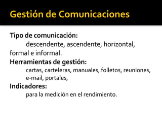 Gestión de Comunicaciones Tipo de comunicación:  descendente, ascendente, horizontal,  formal e informal. Herramientas de gestión:  cartas, carteleras, manuales, folletos, reuniones,  e-mail, portales, Indicadores:  para la medición en el rendimiento. 