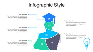 Infographic Style
You can simply impress your audience
and add a unique zing and appeal to
your Presentations.
Your Text Here
You can simply impress your audience
and add a unique zing and appeal to
your Presentations.
Your Text Here
You can simply impress your audience
and add a unique zing and appeal to
your Presentations.
Your Text Here
You can simply impress your audience
and add a unique zing and appeal to
your Presentations.
Your Text Here
You can simply impress your audience
and add a unique zing and appeal to
your Presentations.
Your Text Here
01
02
03
05
04
 
