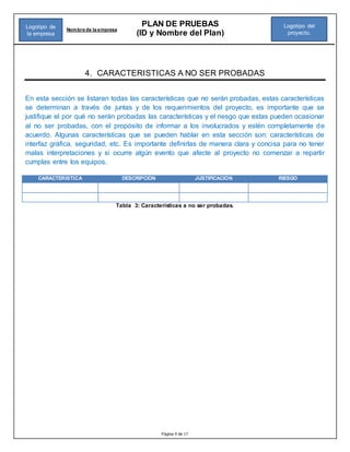 Página 9 de 17
PLAN DE PRUEBAS
(ID y Nombre del Plan)
Nombre de la empresa
Logotipo del
proyecto.
Logotipo de
la empresa
4. CARACTERISTICAS A NO SER PROBADAS
En esta sección se listaran todas las características que no serán probadas, estas características
se determinan a través de juntas y de los requerimientos del proyecto, es importante que se
justifique el por qué no serán probadas las características y el riesgo que estas pueden ocasionar
al no ser probadas, con el propósito de informar a los involucrados y estén completamente de
acuerdo. Algunas características que se pueden hablar en esta sección son: características de
interfaz gráfica, seguridad, etc. Es importante definirlas de manera clara y concisa para no tener
malas interpretaciones y si ocurre algún evento que afecte al proyecto no comenzar a repartir
cumplas entre los equipos.
CARACTERISTICA DESCRIPCIÓN JUSTIFICACIÓN RIESGO
Tabla 3: Características a no ser probadas.
 
