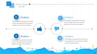 Problem
The problem encountered in the task
can be considered from the external
problem and the internal problem.
Problem
The problem encountered in the task can
be considered from the external problem
and the internal problem.
Problem
The problem encountered in the task
can be considered from the external
problem and the internal problem.
Problem
The problem encountered in the task
can be considered from the external
problem and the internal problem.
A
D
C
B
Click to change
the title
21
 