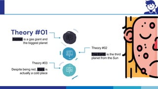 Theory #01
Jupiter is a gas giant and
the biggest planet
Theory #03
Despite being red, Mars is
actually a cold place
Theory #02
The Earth is the third
planet from the Sun
 