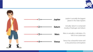 Venus has a beautiful name and
a very poisonous atmosphere
Jupiter is actually the biggest
planet in the Solar System
Actually, Saturn is composed
mostly of hydrogen and helium
Mars is actually a cold place. It’s
full of iron oxide dust
1
2
3
4 Venus
Mars
Saturn
Jupiter
 