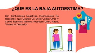 ¿QUE ES LA BAJA AUTOESTIMA?
Son Sentimientos Negativos, Inconscientes No
Resueltos, Que Ocultan Un Enojo Contra Otros Y
Contra Nosotros Mismos; Producen Dolor, Rabia,
Tristeza O Depresión.
 
