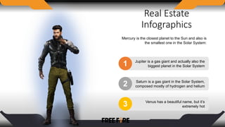 Real Estate
Infographics
Jupiter is a gas giant and actually also the
biggest planet in the Solar System
Saturn is a gas giant in the Solar System,
composed mostly of hydrogen and helium
Venus has a beautiful name, but it’s
extremely hot
1
2
3
Mercury is the closest planet to the Sun and also is
the smallest one in the Solar System:
 