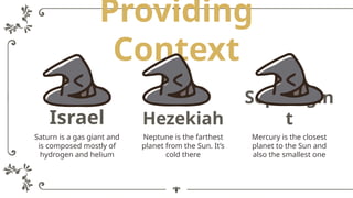 Providing
Context
Hezekiah
Neptune is the farthest
planet from the Sun. It’s
cold there
Israel
Saturn is a gas giant and
is composed mostly of
hydrogen and helium
Septuagin
t
Mercury is the closest
planet to the Sun and
also the smallest one
 