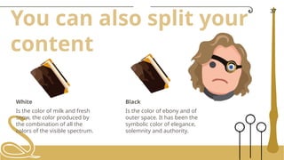 White
Is the color of milk and fresh
snow, the color produced by
the combination of all the
colors of the visible spectrum.
You can also split your
content
Black
Is the color of ebony and of
outer space. It has been the
symbolic color of elegance,
solemnity and authority.
37
 