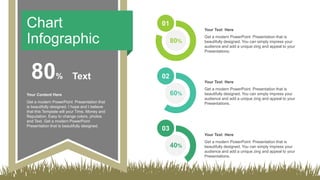 Chart
Infographic
80%
80%
01
Get a modern PowerPoint Presentation that is
beautifully designed. You can simply impress your
audience and add a unique zing and appeal to your
Presentations.
Your Text Here
60%
02
Get a modern PowerPoint Presentation that is
beautifully designed. You can simply impress your
audience and add a unique zing and appeal to your
Presentations.
Your Text Here
40%
03
Get a modern PowerPoint Presentation that is
beautifully designed. You can simply impress your
audience and add a unique zing and appeal to your
Presentations.
Your Text Here
Get a modern PowerPoint Presentation that
is beautifully designed. I hope and I believe
that this Template will your Time, Money and
Reputation. Easy to change colors, photos
and Text. Get a modern PowerPoint
Presentation that is beautifully designed.
Your Content Here
Text
 
