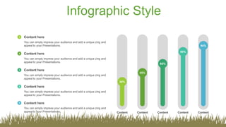 Infographic Style
30%
45%
60%
80%
Content Content Content Content
90%
Content
Content here
You can simply impress your audience and add a unique zing and
appeal to your Presentations.
Content here
You can simply impress your audience and add a unique zing and
appeal to your Presentations.
Content here
You can simply impress your audience and add a unique zing and
appeal to your Presentations.
Content here
You can simply impress your audience and add a unique zing and
appeal to your Presentations.
Content here
You can simply impress your audience and add a unique zing and
appeal to your Presentations.
 