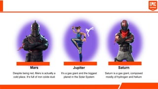 Jupiter
Mars
Despite being red, Mars is actually a
cold place. It’s full of iron oxide dust
It’s a gas giant and the biggest
planet in the Solar System
Saturn
Saturn is a gas giant, composed
mostly of hydrogen and helium
 