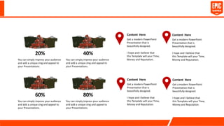 40%
You can simply impress your audience
and add a unique zing and appeal to
your Presentations.
20%
You can simply impress your audience
and add a unique zing and appeal to
your Presentations.
80%
You can simply impress your audience
and add a unique zing and appeal to
your Presentations.
60%
You can simply impress your audience
and add a unique zing and appeal to
your Presentations.
Content Here
Get a modern PowerPoint
Presentation that is
beautifully designed.
I hope and I believe that
this Template will your Time,
Money and Reputation.
Content Here
Get a modern PowerPoint
Presentation that is
beautifully designed.
I hope and I believe that
this Template will your Time,
Money and Reputation.
Content Here
Get a modern PowerPoint
Presentation that is
beautifully designed.
I hope and I believe that
this Template will your Time,
Money and Reputation.
Content Here
Get a modern PowerPoint
Presentation that is
beautifully designed.
I hope and I believe that
this Template will your Time,
Money and Reputation.
 