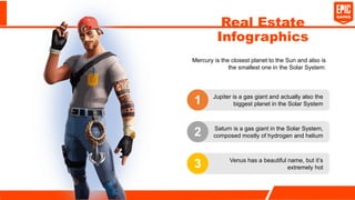 Real Estate
Infographics
Jupiter is a gas giant and actually also the
biggest planet in the Solar System
Saturn is a gas giant in the Solar System,
composed mostly of hydrogen and helium
Venus has a beautiful name, but it’s
extremely hot
1
2
3
Mercury is the closest planet to the Sun and also is
the smallest one in the Solar System:
 