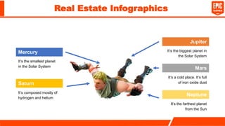 Real Estate Infographics
Mercury
It’s the smallest planet
in the Solar System
Saturn
It’s composed mostly of
hydrogen and helium
Neptune
Mars
It’s the farthest planet
from the Sun
It’s a cold place. It’s full
of iron oxide dust
Jupiter
It’s the biggest planet in
the Solar System
 