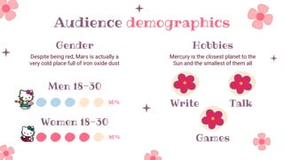 Audience demographics
Hobbies
Mercury is the closest planet to the
Sun and the smallest of them all
Talk
Write
Games
60%
80%
Women 18-30
Men 18-30
Gender
Despite being red, Mars is actually a
very cold place full of iron oxide dust
 