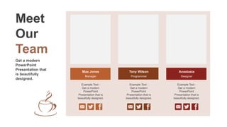 Max Jones
Manager
Tony Wilson
Programmer
Anastasia
Designer
Example Text :
Get a modern
PowerPoint
Presentation that is
beautifully designed.
Example Text :
Get a modern
PowerPoint
Presentation that is
beautifully designed.
Example Text :
Get a modern
PowerPoint
Presentation that is
beautifully designed.
Meet
Our
Team
Get a modern
PowerPoint
Presentation that
is beautifully
designed.
 