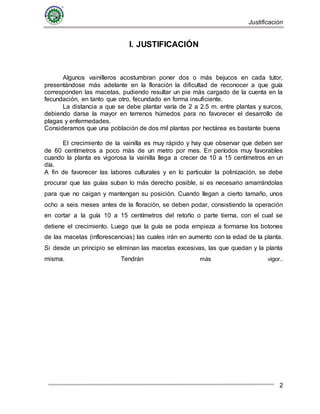 Justificación
2
I. JUSTIFICACIÓN
Algunos vainilleros acostumbran poner dos o más bejucos en cada tutor,
presentándose más adelante en la floración la dificultad de reconocer a que guía
corresponden las macetas, pudiendo resultar un pie más cargado de la cuenta en la
fecundación, en tanto que otro, fecundado en forma insuficiente.
La distancia a que se debe plantar varía de 2 a 2.5 m. entre plantas y surcos,
debiendo darse la mayor en terrenos húmedos para no favorecer el desarrollo de
plagas y enfermedades.
Consideramos que una población de dos mil plantas por hectárea es bastante buena
El crecimiento de la vainilla es muy rápido y hay que observar que deben ser
de 60 centímetros a poco más de un metro por mes. En períodos muy favorables
cuando la planta es vigorosa la vainilla llega a crecer de 10 a 15 centímetros en un
día.
A fin de favorecer las labores culturales y en lo particular la polinización, se debe
procurar que las guías suban lo más derecho posible, si es necesario amarrándolas
para que no caigan y mantengan su posición. Cuando llegan a cierto tamaño, unos
ocho a seis meses antes de la floración, se deben podar, consistiendo la operación
en cortar a la guía 10 a 15 centímetros del retoño o parte tierna, con el cual se
detiene el crecimiento. Luego que la guía se poda empieza a formarse los botones
de las macetas (inflorescencias) las cuales irán en aumento con la edad de la planta.
Si desde un principio se eliminan las macetas excesivas, las que quedan y la planta
misma. Tendrán más vigor..
 