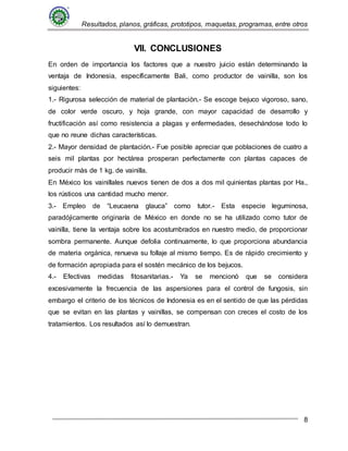 Resultados, planos, gráficas, prototipos, maquetas, programas, entre otros
8
VII. CONCLUSIONES
En orden de importancia los factores que a nuestro juicio están determinando la
ventaja de Indonesia, específicamente Bali, como productor de vainilla, son los
siguientes:
1.- Rigurosa selección de material de plantaciòn.- Se escoge bejuco vigoroso, sano,
de color verde oscuro, y hoja grande, con mayor capacidad de desarrollo y
fructificación así como resistencia a plagas y enfermedades, desechándose todo lo
que no reune dichas características.
2.- Mayor densidad de plantación.- Fue posible apreciar que poblaciones de cuatro a
seis mil plantas por hectárea prosperan perfectamente con plantas capaces de
producir màs de 1 kg. de vainilla.
En México los vainillales nuevos tienen de dos a dos mil quinientas plantas por Ha.,
los rústicos una cantidad mucho menor.
3.- Empleo de “Leucaena glauca” como tutor.- Esta especie leguminosa,
paradójicamente originaría de México en donde no se ha utilizado como tutor de
vainilla, tiene la ventaja sobre los acostumbrados en nuestro medio, de proporcionar
sombra permanente. Aunque defolia continuamente, lo que proporciona abundancia
de materia orgánica, renueva su follaje al mismo tiempo. Es de rápido crecimiento y
de formación apropiada para el sostén mecánico de los bejucos.
4.- Efectivas medidas fitosanitarias.- Ya se mencionó que se considera
excesivamente la frecuencia de las aspersiones para el control de fungosis, sin
embargo el criterio de los técnicos de Indonesia es en el sentido de que las pérdidas
que se evitan en las plantas y vainillas, se compensan con creces el costo de los
tratamientos. Los resultados así lo demuestran.
 