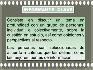 INFORMANTE CLAVE
                INFORMANTE CLAVE

     Consiste en discutir un tema en
      Consiste en discutir un tema en
     profundidad con un grupo de personas,
      profundidad con un grupo de personas,
     individual o colectivamente, sobre la
      individual o colectivamente, sobre la
     cuestión en estudio, así como opiniones y
      cuestión en estudio, así como opiniones y
     perspectivas al respecto
      perspectivas al respecto
     Las personas son seleccionadas de
      Las personas son seleccionadas de
     acuerdo a criterios que las definen como
      acuerdo a criterios que las definen como
     las mejores fuentes de información.
      las mejores fuentes de información.

>>    0    >>    1   >>   2    >>   3    >>   4   >>
 