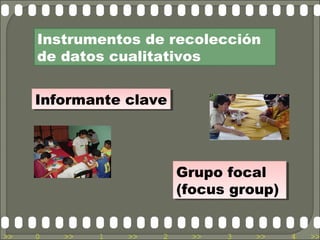 Instrumentos de recolección
     de datos cualitativos


     Informante clave
     Informante clave




                           Grupo focal
                           Grupo focal
                           (focus group)
                           (focus group)


>>   0   >>   1   >>   2    >>   3   >>    4   >>
 