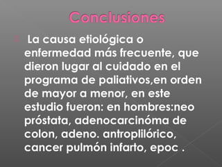 
La causa etiológica o
enfermedad más frecuente, que
dieron lugar al cuidado en el
programa de paliativos,en orden
de mayor a menor, en este
estudio fueron: en hombres:neo
próstata, adenocarcinóma de
colon, adeno. antroplilórico,
cancer pulmón infarto, epoc .
