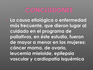 
La causa etiológica o enfermedad
más frecuente, que dieron lugar al
cuidado en el programa de
paliativos, en éste estudio, fueron
de mayor a menor en las mujeres:
cáncer mama, de ovario,
leucemia mieloide, epilepsia
vascular y cardiopatía isquémica