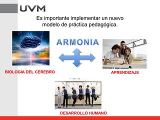 Es importante implementar un nuevo
modelo de práctica pedagógica.
APRENDIZAJE
DESARROLLO HUMANO
BIOLOGIA DEL CEREBRO
 
