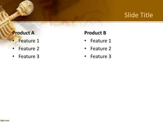 Slide Title
Product A
• Feature 1
• Feature 2
• Feature 3
Product B
• Feature 1
• Feature 2
• Feature 3
 