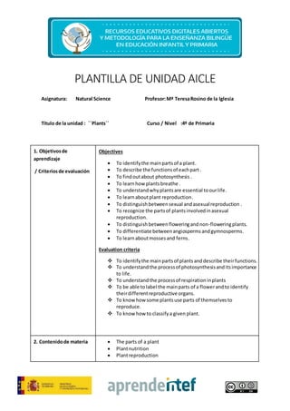 PLANTILLA DE UNIDAD AICLE
Asignatura: Natural Science Profesor:Mª TeresaRosino de la Iglesia
Título de la unidad : ´´Plants´´ Curso / Nivel :4º de Primaria
1. Objetivosde
aprendizaje
/ Criteriosde evaluación
Objectives
 To identifythe mainpartsof a plant.
 To describe the functionsof eachpart .
 To findoutabout photosynthesis .
 To learnhow plantsbreathe .
 To understandwhyplantsare essential toourlife.
 To learnaboutplant reproduction.
 To distinguishbetweensexual andasexualreproduction .
 To recognize the partsof plantsinvolvedinasexual
reproduction.
 To distinguishbetweenfloweringandnon-floweringplants.
 To differentiate betweenangiospermsandgymnosperms.
 To learnaboutmossesand ferns.
Evaluation criteria
 To identifythe mainpartsof plantsanddescribe theirfunctions.
 To understand the processof photosynthesisanditsimportance
to life.
 To understand the processof respirationinplants
 To be able tolabel the mainparts of a flowerandto identify
theirdifferentreproductive organs.
 To know how some plantsuse parts of themselvesto
reproduce.
 To know how to classifya given plant.
2. Contenidode materia  The parts of a plant
 Plantnutrition
 Plantreproduction
 