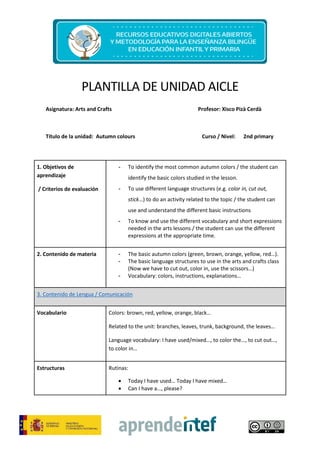 PLANTILLA DE UNIDAD AICLE
Asignatura: Arts and Crafts Profesor: Xisco Pizà Cerdà
Título de la unidad: Autumn colours Curso / Nivel: 2nd primary
1. Objetivos de
aprendizaje
/ Criterios de evaluación
- To identify the most common autumn colors / the student can
identify the basic colors studied in the lesson.
- To use different language structures (e.g. color in, cut out,
stick…) to do an activity related to the topic / the student can
use and understand the different basic instructions
- To know and use the different vocabulary and short expressions
needed in the arts lessons / the student can use the different
expressions at the appropriate time.
2. Contenido de materia - The basic autumn colors (green, brown, orange, yellow, red…).
- The basic language structures to use in the arts and crafts class
(Now we have to cut out, color in, use the scissors…)
- Vocabulary: colors, instructions, explanations…
3. Contenido de Lengua / Comunicación
Vocabulario Colors: brown, red, yellow, orange, black…
Related to the unit: branches, leaves, trunk, background, the leaves…
Language vocabulary: I have used/mixed…, to color the…, to cut out…,
to color in…
Estructuras Rutinas:
 Today I have used… Today I have mixed…
 Can I have a…, please?
 