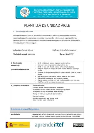 PLANTILLA DE UNIDAD AICLE
 Introducción a la tarea.
El cometidode estatareaes desarrollarunaestructuraprácticapara programar nuestras
sesionesde aquellasasignaturasimpartidas enunaL2. De este modo,laorganizaciónnos
permite conocerentodomomentocadapaso que debemosde darcon nuestrosalumnosylas
metasque queremosconseguir.
Asignatura: Natural Science Profesor:CristinaPalomoUgidos
Título de la unidad: Machines Curso / Nivel:3ºEP
1. Objetivosde
aprendizaje
/ Criteriosde evaluación
 Identify and distinguish between simple and complex machines.
 Know what type of energy certain everyday machines use.
 Identify the basic parts of simple machines (wheel, ramp, level, pulley).
 Distinguish between and recognise the simple machines that make up a complex
machine.
 Appreciate and recognise the importance of scientific advances in order for society to
progress.
 Learn about common machines and tools and how to use them properly.
 Make and build a wheelbarrow using homemade materials.
 Organise, use and extract data from texts, visual representations and mind maps.
 UseICT as a tool for learning and self-assessment.
2. Contenidodel material - Machines and devices.
- Knowledge of certain mechanical devices and their functions.
- The importance of major scientific advances in improving living conditions.
- The importance of using environmentally friendly technology.
- Planning and making an easy-to-build object or machine.
- Basic word processing.
- Submitting assignments in paper or digital format.
- Guided information search on the Internet.
3. Contenidode Lengua/Comunicación
Vocabulario - Nouns:task, effort,tow truck,hammer,broom, wheel,screw,tongs,
see-saw,vacuumcleaner,crane, spade,groove,incline,ramp,lever,
 