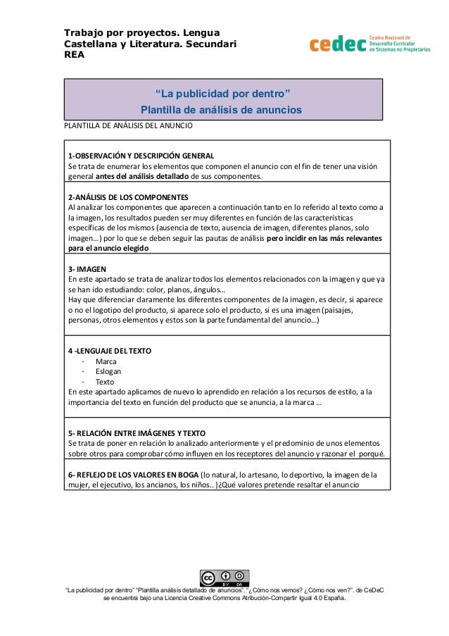 Trabajo por proyectos. Lengua
Castellana y Literatura. Secundari
REA
“La publicidad por dentro”
Plantilla de análisis de a...