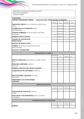 ValorCreativo
3
Plantilla de Presentación, Evaluación y uso en CC. Experimentales
2017
- Aprender a través de la puesta en común
- Educación igualitaria
- Valores sociales
EVALUACIÓN
ASPECTOS FUNCIONALES. UTILIDAD marcar con una X, donde proceda, la valoración
Relevancia, interés de los contenidos y servicios que
ofrece…...
Facilidad de uso e instalación de los
visualizadores…........
Carácter multilingüe, al menos algunos apartados
principales...
Múltiples enlaces externos .......................................................
Canales de comunicación
bidireccional.................................
Servicios de apoyo on-line ………………………………………..
Créditos: fecha de la actualización, autores,
patrocinadores…......
Ausencia de publicidad
EXCELENTE ALTA CORRECTA BAJA
.x . . .
.x . . .
. . . .x
. . .x .
. . .x .
. .x . .
.x . . .
. . . .x
ASPECTOS TÉCNICOS Y ESTÉTICOS
Entorno audiovisual: presentación, pantallas, sonido,
letra……
Elementos multimedia: calidad,
cantidad………………………..
Calidad y estructuración de los contenidos ………………..
avegación por las actividades, metáforas……
Ejecución fiable, velocidad de acceso
adecuada…………......
Originalidad y uso de tecnología
avanzada………………..
EXCELENTE
ALTA CORRECTA BAJA
. .x . .
.x . . .
. .x . .
. .x . .
. .x
.x . . .
. .x . .
ASPECTOS PSICOLÓGICOS
Capacidad de motivación, atractivo,
interés…………………….
Adecuación a los destinatarios de los contenidos,
actividades.
EXCELENTE ALTA CORRECTA BAJA
. .x . .
.x . . .
VALORACIÓN GLOBAL DE LA PÁGINA WEB
Calidad
EXCELENTE ALTA CORRECTA BAJA
. .x . .
 