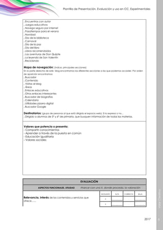 ValorCreativo
6
Plantilla de Presentación, Evaluación y uso en CC. Experimentales
2017
. Encuentros con autor
. Juegos educativos
. Navega seguro por internet
. Pasatiempos para el verano
. Navidad
. Dia de la biblioteca
. Carnaval
. Día de la paz
. Día del libro
. Libros recomendados
. Las aventuras de Don Quijote
. La leyenda de San Valentín
. Reciclando
Mapa de navegación: (índice, principales secciones)
En la parte derecha de este blog encontramos las diferentes secciones a las que podemos acceder. Por orden
de aparición encontramos:
. Buscador
. Contenido
. Visitas al blog
. Áreas
. Enlaces educativos
. Otros enlaces interesantes
. Buscador de biografías
. Calendario
. Utilidades pizarra digital
. Buscador Google
Destinatarios: (grupo de personas al que está dirigido el espacio web). Si lo expresa o no…
. Dirigido a alumnos de 5º y 6º de primaria, que busquen información de todas las materias.
Valores que potencia o presenta:
- Compartir conocimientos
- Aprender a través de la puesta en común
- Educación igualitaria
- Valores sociales
EVALUACIÓN
ASPECTOS FUNCIONALES. UTILIDAD marcar con una X, donde proceda, la valoración
Relevancia, interés de los contenidos y servicios que
ofrece…...
EXCELENTE ALTA CORRECTA BAJA
.x . . .
.x . . .
 
