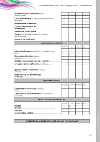 ValorCreativo
7
Plantilla de Presentación, Evaluación y uso en CC. Experimentales
2017
Facilidad de uso e instalación de los
visualizadores…........
Carácter multilingüe, al menos algunos apartados
principales...
Múltiples enlaces externos .......................................................
Canales de comunicación
bidireccional.................................
Servicios de apoyo on-line ………………………………………..
Créditos: fecha de la actualización, autores,
patrocinadores…......
Ausencia de publicidad
.x . . .
.x . . .
. . .x .
.x . . .
. .x . .
. . . .x
ASPECTOS TÉCNICOS Y ESTÉTICOS
Entorno audiovisual: presentación, pantallas, sonido,
letra……
Elementos multimedia: calidad,
cantidad………………………..
Calidad y estructuración de los contenidos ………………..
avegación por las actividades, metáforas……
Ejecución fiable, velocidad de acceso
adecuada…………......
Originalidad y uso de tecnología
avanzada………………..
EXCELENTE
ALTA CORRECTA BAJA
.x . . .
.x . . .
. .x . .
.x . . .
. .x
.x . . .
. .x . .
ASPECTOS PSICOLÓGICOS
Capacidad de motivación, atractivo,
interés…………………….
Adecuación a los destinatarios de los contenidos,
actividades.
EXCELENTE ALTA CORRECTA BAJA
. .x . .
.x . . .
VALORACIÓN GLOBAL DE LA PÁGINA WEB
Calidad
Técnica…………………………………………………..
Atractivo…………………………………………........................
Funcionalidad, utilidad………………………………………….
EXCELENTE ALTA CORRECTA BAJA
. .x . .
x
x
UTILIZACIÓN EN LA DIDÁCTICA DE LAS CIENCIAS EXPERIMENTALES
 