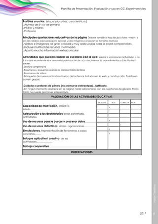 ValorCreativo
8
Plantilla de Presentación, Evaluación y uso en CC. Experimentales
2017
Posibles usuarios: (etapa educativa , características )
. Alumnos de 5º y 6º de primaria
. Padres y madres
. Profesores
Principales aportaciones educativas de la página (Valorar también si hay dibujos o fotos –mejor-, si
son de calidad, adecuados para la edad y si las imágenes conservan los tamaños relativos)
. Videos e imágenes de gran calidad y muy adecuados para la edad comprendida.
. Incluye multitud de recursos multimedia.
. Aporta mucha información extracurricular
Actividades que pueden realizar los escolares con la web: Valorar si se proponen actividades o no.
Y si lo que se pretende es el desarrollo/potenciación de: a) conocimienos, b) procedimientos y d) Actitudes y
valores.
. Lectura comprensiva
. Resúmenes y esquemas acerda de cada entrada del blog
. Resúmenes de videos
. Búsqueda de nuevas entradas acerca de los temas tratados en la web y construcción. Puesta en
común grupal.
.Cuida las cuestiones de género (no promueve estereotipos). Justificarlo.
. En ningún momento aparece en la página nada relacionado con las cuestiones de género. Por lo
tanto no puede promover estereotipos.
VALORACIÓN DE LAS ACTIVIDADES EDUCATIVAS
Capacidad de motivación, atractivo,
interés…………………….
Adecuación a los destinatarios de los contenidos,
actividades.
Uso de recursos para la buscar y procesar datos................
Uso de recursos didácticos: síntesis, organizadores.................
Simulaciones. Representación de fenómenos o casos
concretos..........
Enfoque aplicativo/ creativo de las
actividades........................
Trabajo cooperativo......................................................................
EXCELENTE ALTA CORRECTA BAJA
. .x . .
.x . . .
.x . . .
. .x . .
. . .x .
. .x . .
. .x . .
OBSERVACIONES
 