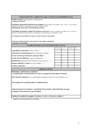 3
UTILIZACIÓN EN LA DIDÁCTICA DE LAS CIENCIAS EXPERIMENTALES
Posibles usuarios: (etapa educativa , características )
. Alumnos 3º primaria.
.
Principales aportaciones educativas de la página (Valorar también si hay dibujos o fotos –mejor-, si son de calidad,
adecuados para la edad y si las imágenes conservan los tamaños relativos)
.Información extra sobre la formación de estratos.
Actividades que pueden realizar los escolares con la web: Valorar si se proponen actividades o no. Y si lo que se
pretende es el desarrollo/potenciación de: a) conocimienos, b) procedimientos y d) Actitudes y valores.
.
.Se proponen actividades de repaso o para evaluar lo aprendido.
.Cuida las cuestiones de género (no promueve estereotipos). Justificarlo.
.No promueve estereotipos.
VALORACIÓN DE LAS ACTIVIDADES EDUCATIVAS
Capacidad de motivación, atractivo, interés…………………….
Adecuación a los destinatarios de los contenidos, actividades.
Uso de recursos para la buscar y procesar datos................
Uso de recursos didácticos: síntesis, organizadores.................
Simulaciones. Representación de fenómenos o casos concretos..........
Enfoque aplicativo/ creativo de las actividades........................
Trabajo cooperativo......................................................................
EXCELENTE ALTA CORRECTA BAJA
. .X . .
. . .X .
. .X . .
. . .X .
. .X . .
. .X . .
. . .X .
OBSERVACIONES
Dificultades y limitaciones a considerar:
.La organización o estructuración no es clara y te puedes liar hasta llegar al temario.
Otros aspectos a destacar: (p.e.: posible trabajo cooperativo, relación con otras disciplinas, etc.)
.
.
.Otras páginas de contenido similar o complementario:
.
.
.Importancia para la enseñanza - aprendizaje de las ciencias. Valoración final y por qué.
La página es interesante pero poco completa.
Establecer la calidad de la página: Excelente ( ), Alta ( ), Correcta (x ), Baja ( )
Aspectos a mejorar para elevar la calidad:
 