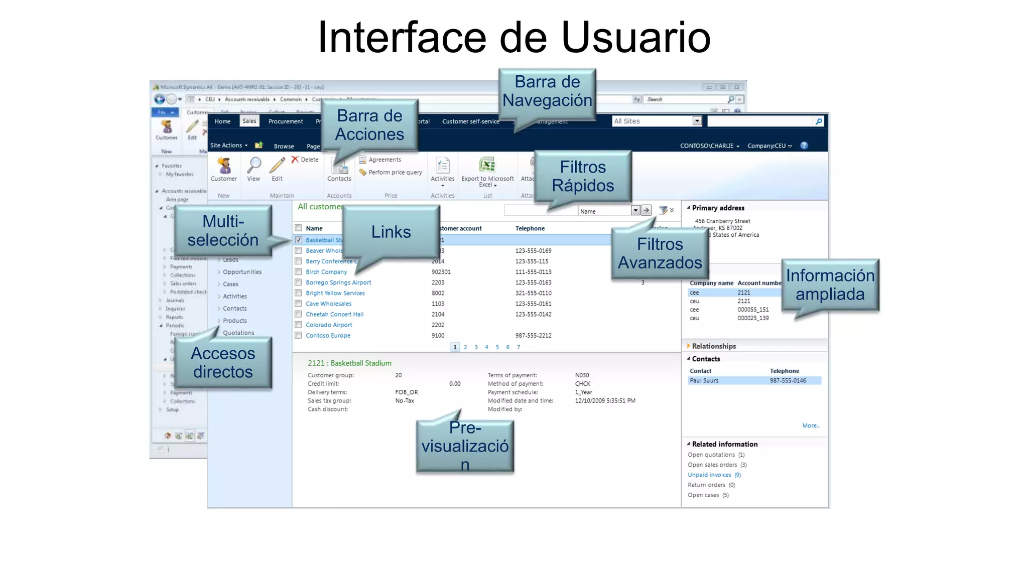 Interface de Usuario
Barra de
Navegación
Barra de
Acciones
Filtros
Rápidos
Filtros
Avanzados
Información
ampliada
Links
Pre-
visualizació
n
Accesos
directos
Multi-
selección
 