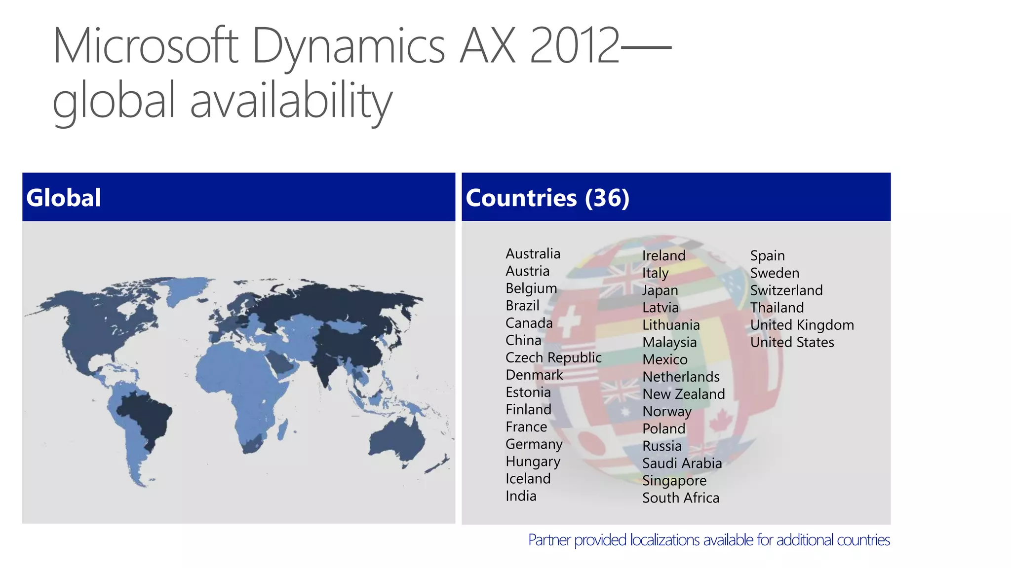 Australia
Austria
Belgium
Brazil
Canada
China
Czech Republic
Denmark
Estonia
Finland
France
Germany
Hungary
Iceland
India
Ireland
Italy
Japan
Latvia
Lithuania
Malaysia
Mexico
Netherlands
New Zealand
Norway
Poland
Russia
Saudi Arabia
Singapore
South Africa
Countries (36)Global
Spain
Sweden
Switzerland
Thailand
United Kingdom
United States
Partnerprovided localizations available foradditional countries
 