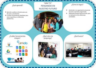 PENSANDO EN
NUESTRO FUTURO
 Aprendí a publicar artículos para uso
de pares y estudiantes.
 A utilizar herramientas diseñadas para
áreas especificas en diferentes
plataformas.
 Asistiendo a la capacitación presencial
durante el periodo programado,
 Dedicando tiempo extracurricular para
la realización de las diferentes
actividades.
 