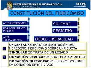 CONSTITUCIÓN DEL FIDEICOMISO ACTO ENTRE VIVOS   ACTO TESTAMENTARIO   POR INSTRUMENTO PÚBLICO SOLEMNE DOBLE LIBERALIDAD REGISTRO DONACIÓN REVOCABLE  SON LEGADOS ANTICI UNIVERSAL  SE TRATA DE INSTITUCIÓN DEL HEREDERO. HERENCIA O SOBRE UNA CUOTA SINGULAR  SE TRATA DE UN LEGADO DONACIÓN IRREVOCABLE  ES LO MISMO QUE LA DONACIÓN ENTRE VIVOS 2 1 