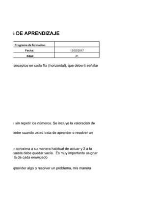 al de proceder cuando usted trata de aprender o resolver un
.
ue más se aproxima a su manera habitual de actuar y 2 a la
de la encuesta debe quedar vacía. Es muy importante asignar
e respuesta de cada enunciado
Programa de formación
Fecha:
Edad 21
n cada fila sin repetir los números. Se incluye la valoración de
o deseo aprender algo o resolver un problema, mis manera
os de 4 conceptos en cada fila (horizontal), que deberá señalar
TILOS DE APRENDIZAJE
13/02/2017
 