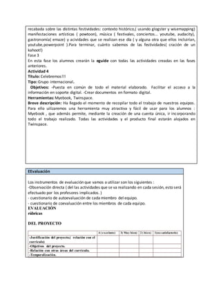 recabada sobre las distintas festividades: contexto histórico,( usando glogster y wisemapping)
manifestaciones artísticas ( powtoon), música ( festivales, conciertos... youtube, audacity),
gastronomía( emaze) y acividades que se realizan ese día ( y alguna otra que ellos incluirían,
youtube,powerpoint ).Para terminar, cuánto sabemos de las festividades( cración de un
kahoot!)
Fase 3
En esta fase los alumnos crearán la eguide con todas las actividades creadas en las fases
anteriores.
Actividad 4
Título: Celebremos!!!
Tipo: Grupo internacional.
Objetivos: -Puesta en común de todo el material elaborado.Facilitar el acceso a la
información en soporte digital. -Crear documentos en formato digital.
Herramientas: Myebook, Twinspace.
Breve descripción: Ha llegado el momento de recopilar todo el trabajo de nuestros equipos.
Para ello uilizaremos una herramienta muy atractiva y fácil de usar para los alumnos :
Myebook , que además permite, mediante la creación de una cuenta única, ir incorporando
todo el trabajo realizado. Todas las actividades y el producto final estarán alojados en
Twinspace.
EEvaluación
Los instrumentos de evaluación que vamos a utilizar son los siguientes :
-Observación directa ( del las actividades que se va realizando en cada sesión, esto será
efectuado por los profesores implicados. )
- cuestionario de autoevaluación de cada miembro del equipo.
- cuestionario de coevaluación entre los miembros de cada equipo.
EVALUACIÓN
rúbricas
DEL PROYECTO
4 ( excelente) 3( Muy bien) 2 ( bien) 1(no satisfactorio)
-Justificación del proyecto.( relación con el
curriculo)
-Objetivos del proyecto.
-Relación con otras áreas del currículo.
-Temporalización.
 
