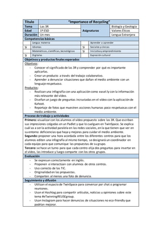 Título “Importance of Recycling”
Tema Las 3R Biología y Geología
Edad 1º ESO Asignaturas Valores Éticos
Duración Un mes Lengua Extranjera
Competencias básicas
Lengua materna Aprender a aprender
Sí Idiomas Sí Sociales y cívicas
Matemáticas,científicas,tecnológicas Sí Iniciativay emprendimiento
Sí Digitales Expresión cultural
Objetivos y productos finales esperados
Objetivos:
- Conocer el significado de las 3R y comprender por qué es importante
aplicarlas.
- Crear un producto a través del trabajo colaborativo.
- Aprender a denunciar situaciones que dañan el medio ambiente con un
lenguaje respetuoso.
Productos:
- Realizan una infografía con una aplicación como easel.ly con la información
más relevante del vídeo.
- Diseñan un juego de preguntas incrustadas en el vídeo con la aplicación de
Kahoot.
- Reportaje de fotos que muestren acciones humanas poco respetuosas con el
medio ambiente.
Proceso de trabajo y actividades
Primero: visualizar con los alumnos el vídeo propuesto sobre las 3R. Que escriban
sus impresiones colgadas en un Padlet y que lo cuelguen en TwinSpace. Se explica
cuál va a ser la actividad paralela en las redes sociales, en la que tienen que ver en
su entorno deficiencias que haya y mejoras para cuidar el medio ambiente.
Segundo: proponer una hora acordada entre los diferentes centros para que los
alumnos editen una infografía al mismo tiempo, se designará un coordinador en
cada equipo para que comunique las propuestas de su grupo.
Tercero: se hace un turno para que cada centro elija dos preguntas para insertar en
el vídeo, las introduce y luego comparte con los otros grupos.
Evaluación
- Se expresan correctamente en inglés.
- Proponen e interactúan con alumnos de otros centros.
- Uso correcto de las TIC.
- Originalidad en las propuestas.
- Comparten al menos una foto de denuncia.
Seguimiento y difusión
- Utilizan el espacio de TwinSpace para conversar por chat o programar
reuniones.
- Usan el Hashtag para compartir artículos, noticias u opiniones sobre este
tema #eTwinningREUSEgroup.
- Usan Instagram para hacer denuncias de situaciones no eco-friendly que
podrían mejorar.
 