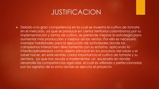 JUSTIFICACION


Debido a la gran competencia en la cual se muestra el cultivo de tomate
en el mercado, ya que se produce en ciertos territorios colombianos por su
implementación y forma de cultivo, se pretende mejorar la estrategia para
aumentar más producción y mejorar así las ventas, Por ello es necesario
manejar habilidades para la ejecución de actividades donde los
campesinos interactúen directamente con su entorno, aplicando la
interdisciplinariedad como objeto principal en los procesos del saber y el
saber hacer, en este sentido cobra importancia el cultivo de tomate y su
siembra, ya que nos ayuda a implementar un escenario en donde
desarrolle las competencias agrícolas, el cual es utilizada y perfeccionadas
por los agrarios de la zona donde se ejecuta el proyecto

 
