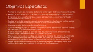 Objetivos Especificos


Realizar el estudio de mercado de tomate en la región de Dosquebradas Risaralda.



Realizar el estudio técnico y de mercado para evaluar la viabilidad del proyecto



Determinar el recurso humano necesario para cumplir con la implementación y
mantenimiento del proyecto



Realizar un estudio financiero donde se proyectara la estructura de costos, gastos,
ingresos, y flujos necesarios para realizar la evaluación financiera.



Calcular el valor de las inversiones del proyecto



Aplicar estrategias para la siembra con el fin de crear definiciones para los criterios
de mejora en los diseños de invernadero.



Evaluar mediante análisis el ciclo de vida del producto frente a la siembra de
tomate en los invernaderos adecuados para el mismo.



Obtener un terreno adecuado para ejecutar la siembra de tomate, determinado
así el tipo aplicación de fertilizantes sólidos o líquidos por los sistemas de riego
presurizados, creando un agua enriquecida con nutrientes para nuestro cultivo.



Utilizar productos el cual nos ayude a preservar el medio ambiente, frente a los
cultivos de tomate sembrados en la región de Dos Quebradas.

 