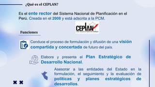 Es el ente rector del Sistema Nacional de Planificación en el
Perú. Creada en el 2008 y está adscrita a la PCM.
Conduce el proceso de formulación y difusión de una visión
compartida y concertada de futuro del país.
Funciones
Elabora y presenta el Plan Estratégico de
Desarrollo Nacional.
¿Qué es el CEPLAN?
Asesorar a las entidades del Estado en la
formulación, el seguimiento y la evaluación de
políticas y planes estratégicos de
desarrollos.
 