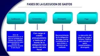 Acto de
Administración en el
que se constata que
existen los créditos
presupuestarios para
atender las
obligaciones durante
el año fiscal
Certificación Compromiso Devengado Pago
Con cargo al
crédito
presupuestario
y hasta por el
monto de la
obligación total
dentro del año
fiscal
Reconocimiento
de la obligación
de pago, previa
constatación de
que el bien o
servicio se ha
realizado
La ejecución del
pago con cargo a
Fondos Públicos
para atender el
gasto
comprometido y
devengado
FASES DE LA EJECUCION DE GASTOS
 