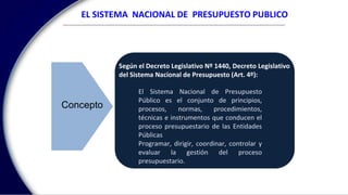 EL SISTEMA NACIONAL DE PRESUPUESTO PUBLICO
Concepto
Según el Decreto Legislativo Nº 1440, Decreto Legislativo
del Sistema Nacional de Presupuesto (Art. 4º):
El Sistema Nacional de Presupuesto
Público es el conjunto de principios,
procesos, normas, procedimientos,
técnicas e instrumentos que conducen el
proceso presupuestario de las Entidades
Públicas
Programar, dirigir, coordinar, controlar y
evaluar la gestión del proceso
presupuestario.
 