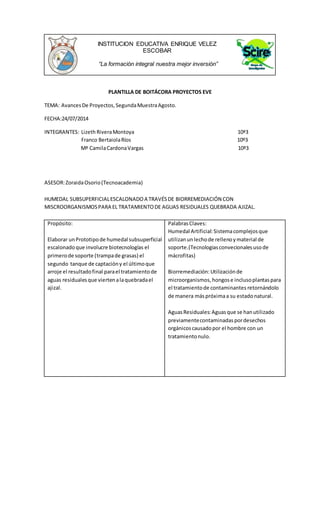 PLANTILLA DE BOITÁCORA PROYECTOS EVE
TEMA: AvancesDe Proyectos,SegundaMuestraAgosto.
FECHA:24/07/2014
INTEGRANTES: Lizeth RiveraMontoya 10ª3
Franco BertaiolaRíos 10º3
Mª CamilaCardonaVargas 10ª3
ASESOR:ZoraidaOsorio(Tecnoacademia)
HUMEDAL SUBSUPERFICIALESCALONADOA TRAVÉSDE BIORREMEDIACIÓN CON
MISCROORGANISMOSPARA EL TRATAMIENTODE AGUAS RESIDUALES QUEBRADA AJIZAL.
INSTITUCION EDUCATIVA ENRIQUE VELEZ
ESCOBAR
“La formación integral nuestra mejor inversión”
Propósito:
Elaborar unPrototipode humedal subsuperficial
escalonadoque involucre biotecnologías el
primerode soporte (trampade grasas) el
segundo tanque de captacióny el últimoque
arroje el resultadofinal parael tratamiento de
aguas residualesque viertenalaquebradael
ajizal.
PalabrasClaves:
Humedal Artificial: Sistemacomplejosque
utilizanunlechode rellenoymaterial de
soporte.(Tecnologiasconvecionalesusode
mácrofitas)
Biorremediación: Utilizaciónde
microorganismos,hongose inclusoplantaspara
el tratamientode contaminantes retornándolo
de manera máspróximaa su estado natural.
AguasResiduales: Aguasque se hanutilizado
previamentecontaminadaspordesechos
orgánicoscausadopor el hombre con un
tratamientonulo.
 