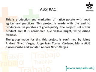 ABSTRAC
This is production and marketing of native potato with good
agricultural practices .This project is made with the end to
produce native potatoes of good quality. The Project is of of this
product are; It is considered hue yellow bright, withe orbed
farinose.
The group made for this this project is confirmed by Jeimy
Andrea Ninco Vargas, Jorge Iván Torres Verdugo, María Aidé
Rincón Cusba and Yonatán Andrés Ninco Vargas
 