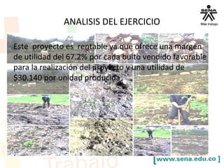 ANALISIS DEL EJERCICIO
Este proyecto es rentable ya que ofrece una margen
de utilidad del 67.2% por cada bulto vendido favorable
para la realización del proyecto y una utilidad de
$30.140 por unidad producida
 